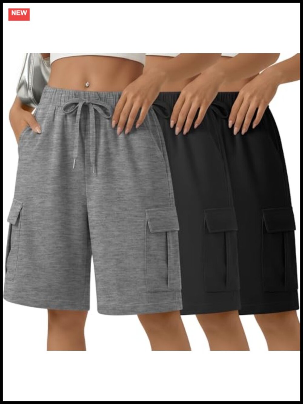 3 Pack Women's Bermuda Cargo Shorts Knee Length Wide Leg Drawstring Athletic